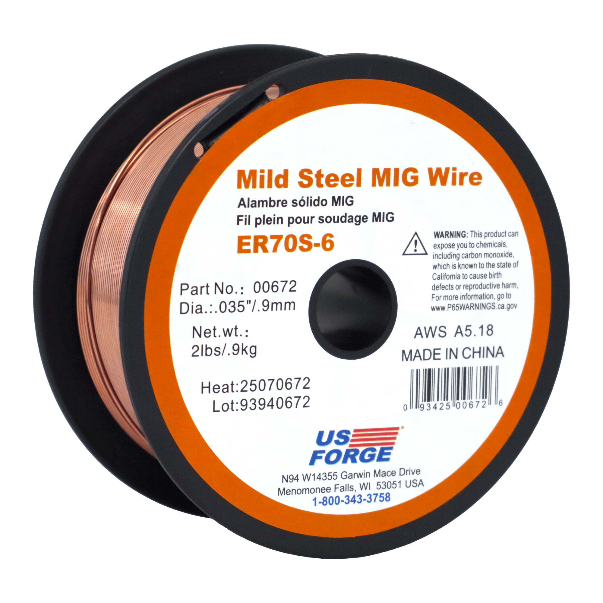 US Forge® .035" ER70S-6 Solid Mild Steel MIG Wire - 2 lbs, Model# 672